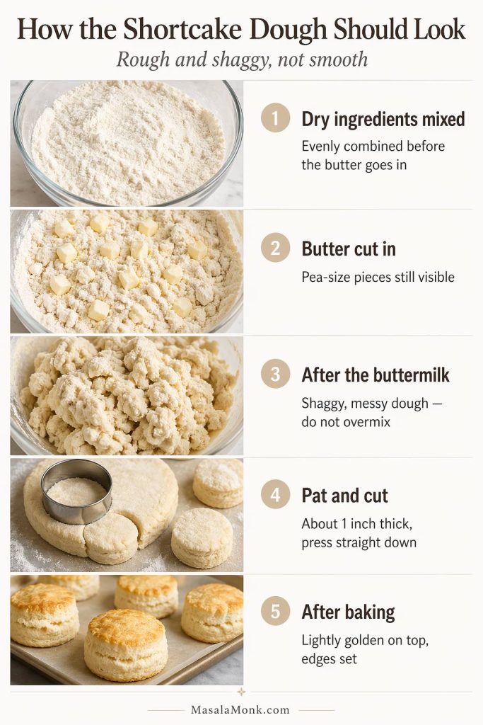 Five-stage strawberry shortcake biscuit guide showing dry ingredients, butter cut into flour, shaggy dough after buttermilk, dough patted and cut, and baked shortcakes.