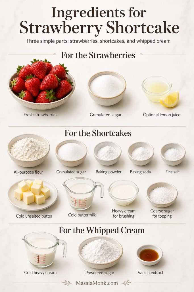 Ingredient guide for strawberry shortcake showing strawberries, sugar, lemon juice, shortcake ingredients, and whipped cream ingredients grouped into three simple parts.