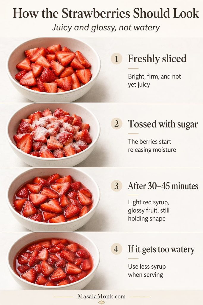 Four-stage strawberry shortcake guide showing freshly sliced strawberries, strawberries tossed with sugar, strawberries after 30 to 45 minutes, and berries that have become too watery.