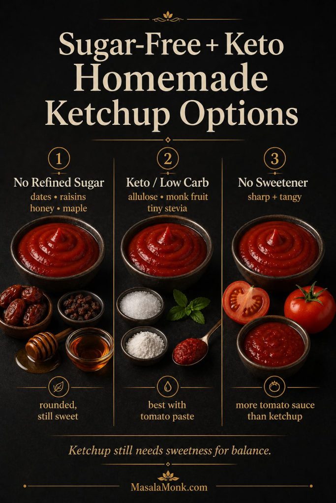 Guide comparing no refined sugar, keto low-carb, and no-sweetener options for homemade ketchup.
