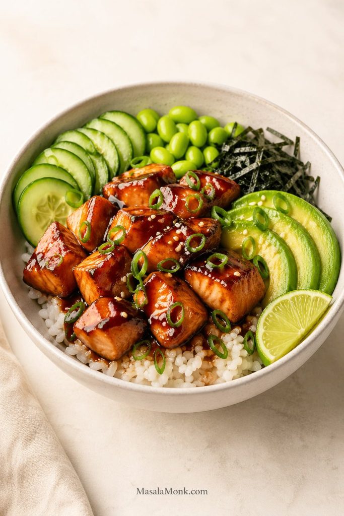Teriyaki salmon bowl with glossy salmon bites, rice, avocado, cucumber, edamame, nori, scallions, sesame, lime, and teriyaki glaze.