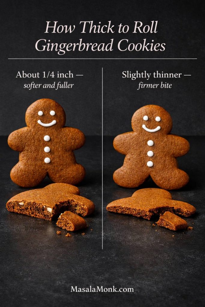 Thickness guide for gingerbread cookies showing about 1/4 inch dough for softer, fuller cookies and slightly thinner dough for a firmer bite, with baked gingerbread men and broken cookie cross-sections for comparison.