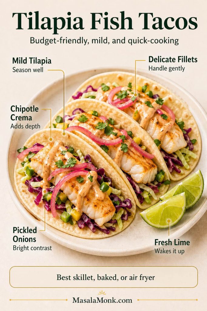 A tilapia fish tacos guide showing mild tilapia in warm tortillas with chipotle crema, pickled onions, cabbage slaw, cilantro, jalapeño, and lime, with notes to season tilapia well and handle the delicate fillets gently.