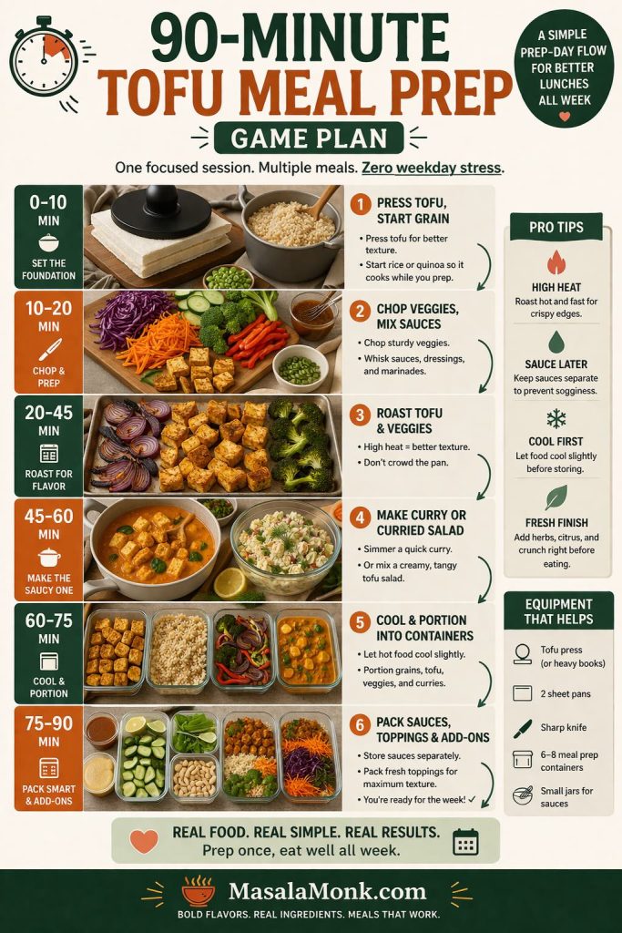 Premium editorial infographic showing a 90-minute tofu meal prep game plan with six time blocks: press tofu and start grain, chop vegetables and mix sauces, roast tofu and vegetables, make curry or curried tofu salad, cool and portion containers, and pack sauces and add-ons for better lunches all week.