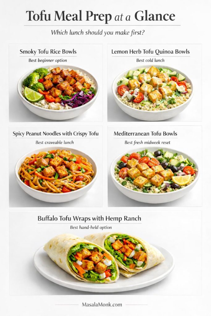 Tofu meal prep comparison graphic showing five lunch ideas: smoky tofu rice bowls, lemon herb tofu quinoa bowls, spicy peanut noodles with crispy tofu, Mediterranean tofu bowls, and buffalo tofu wraps with hemp ranch.