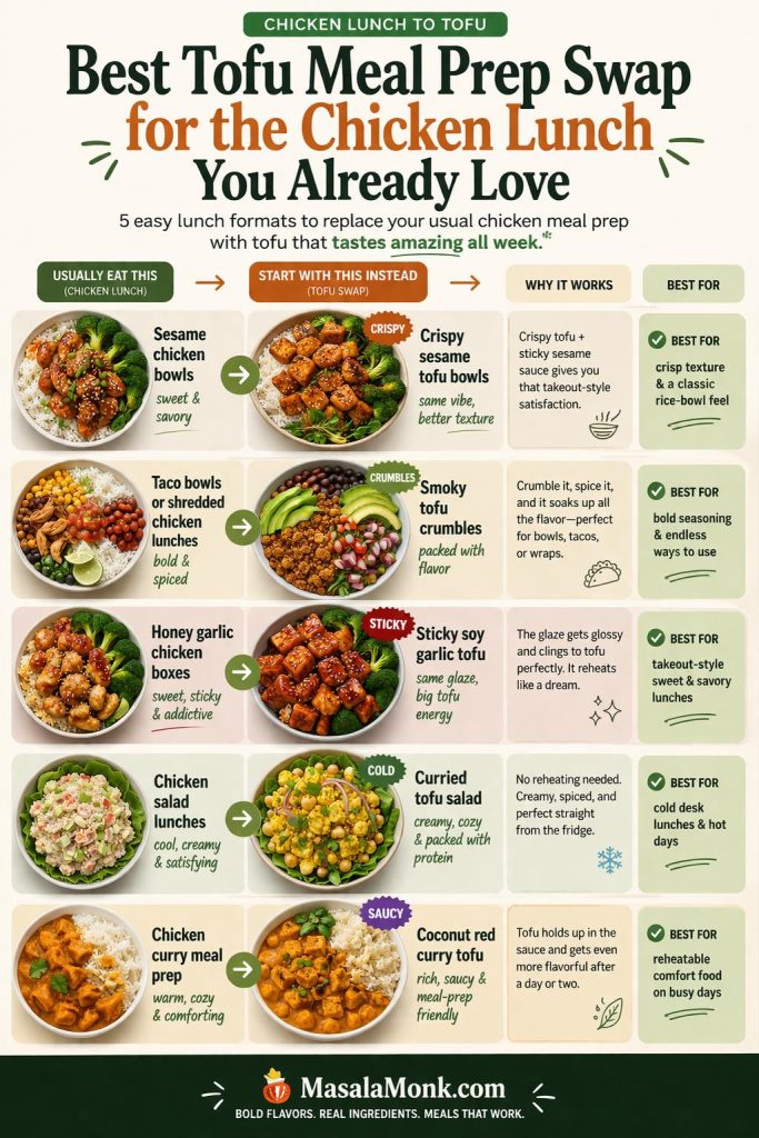 Editorial infographic showing the best tofu meal prep swap for the chicken lunch you already love, including crispy sesame tofu bowls, smoky tofu crumbles, sticky soy garlic tofu, curried tofu salad, and coconut red curry tofu, with quick notes on why each option works and which lunch style each one suits best.
