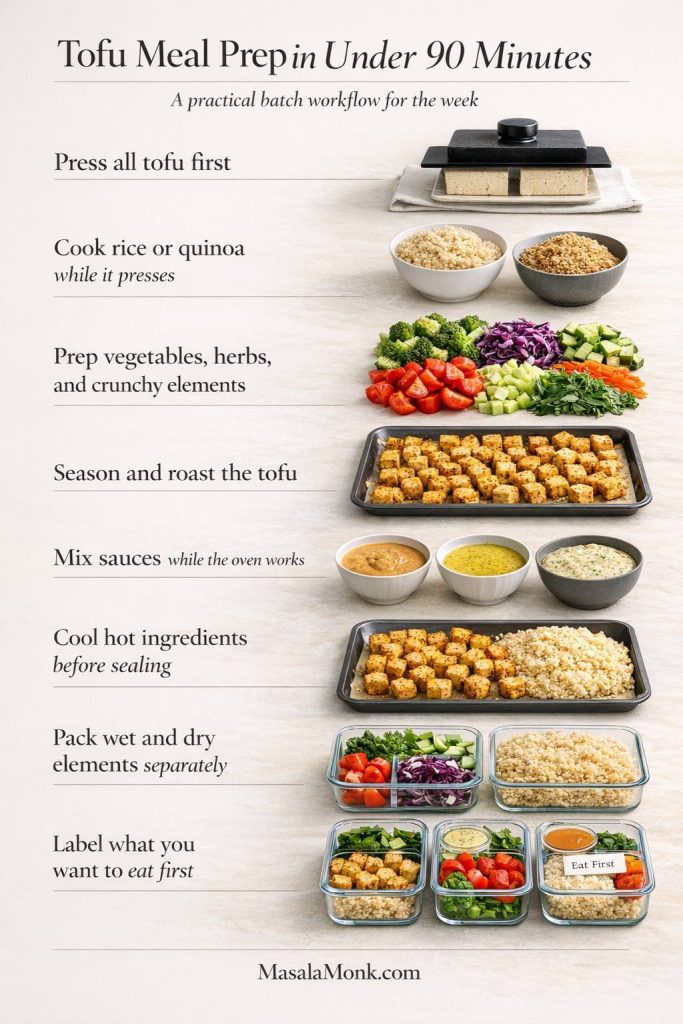 Tofu meal prep workflow guide showing how to prep lunches in under 90 minutes by pressing tofu, cooking grains, chopping vegetables, roasting tofu, mixing sauces, cooling ingredients, packing containers, and labeling what to eat first.