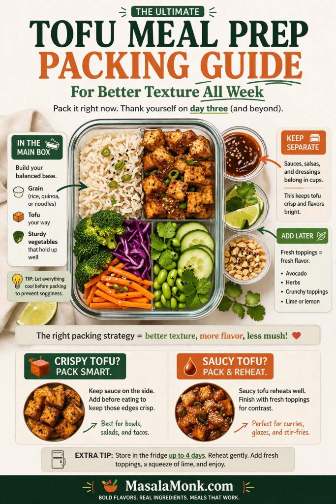 Editorial tofu meal prep packing guide showing how to pack tofu lunches for better texture all week, including what to keep in the main box, which sauces and dressings to store separately, what fresh toppings to add later, and how crispy tofu and saucy tofu should be packed differently for the best meal prep results.
