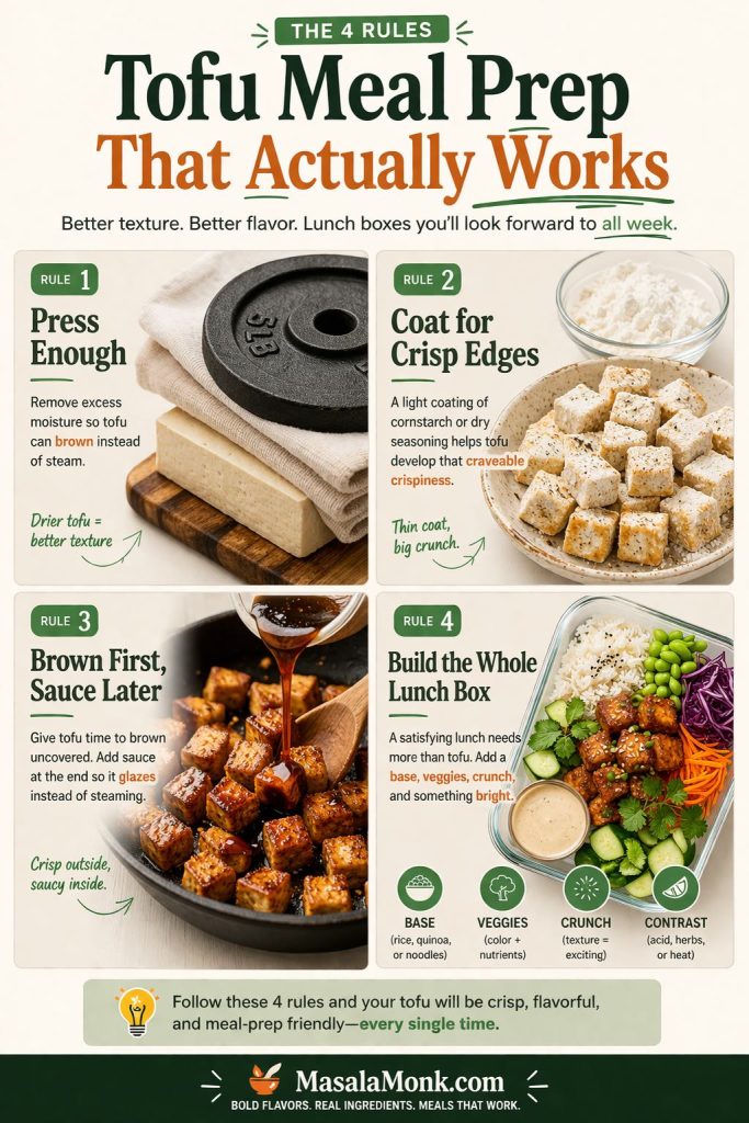 Premium editorial tofu meal prep infographic showing four practical rules for better tofu lunches: press enough to remove excess moisture, coat tofu for crisp edges, brown first and sauce later, and build the whole lunch box with a base, vegetables, crunch, and contrast for better texture and flavor all week.
