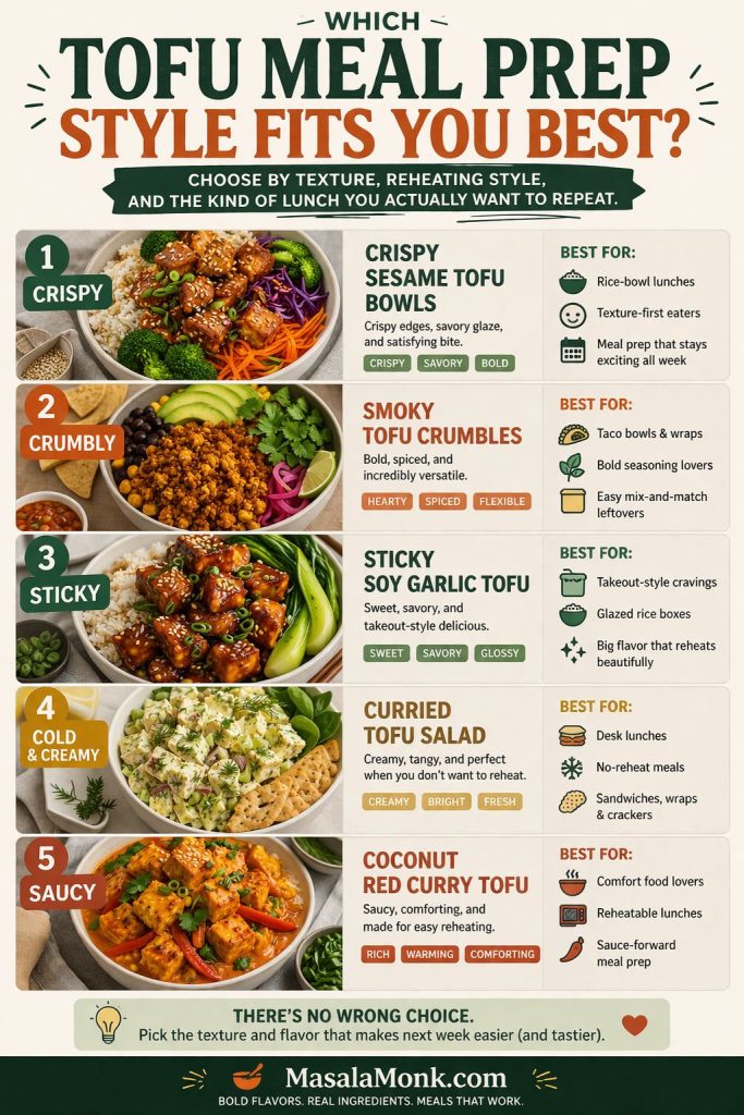 Premium editorial tofu meal prep style chooser infographic comparing five lunch formats: crispy sesame tofu bowls, smoky tofu crumbles, sticky soy garlic tofu, curried tofu salad, and coconut red curry tofu, with notes on texture, reheating style, and which type of lunch each option suits best.