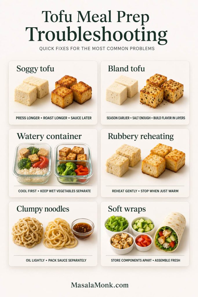 Tofu meal prep troubleshooting guide showing quick fixes for soggy tofu, bland tofu, watery containers, rubbery reheating, clumpy noodles, and soft wraps.