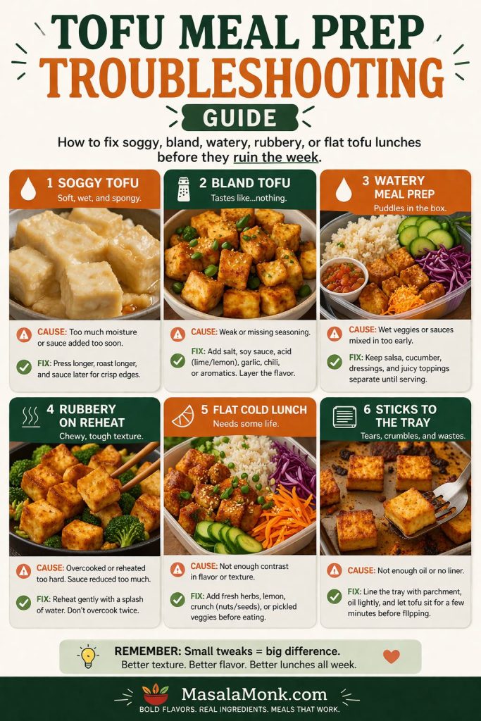 Premium tofu meal prep troubleshooting infographic showing common tofu lunch problems and fixes, including soggy tofu, bland tofu, watery meal prep boxes, rubbery tofu on reheat, flat cold lunches, and tofu sticking to the tray, with clear cause-and-fix notes for better texture and flavor all week.