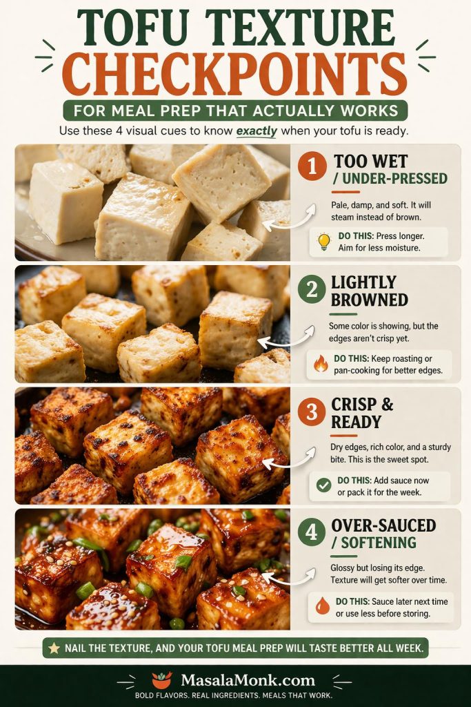 Editorial tofu texture guide for meal prep showing four visual stages: too wet and under-pressed tofu, lightly browned tofu, crisp and ready tofu, and over-sauced tofu softening after glazing, with quick cues for when to keep cooking, when to sauce, and when tofu is ready to pack for the week.