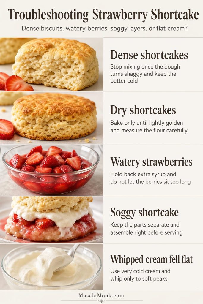Troubleshooting guide for strawberry shortcake showing dense shortcakes, dry shortcakes, watery strawberries, soggy assembled shortcake, and whipped cream that fell flat.