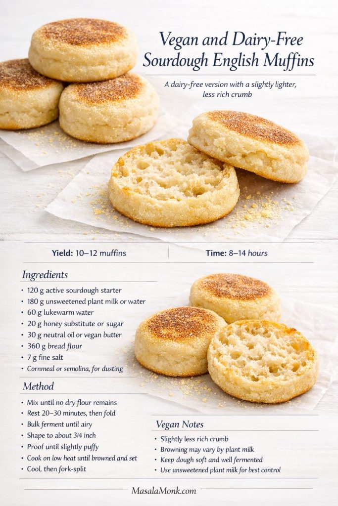 Standalone recipe card for vegan and dairy-free sourdough English muffins showing skillet-cooked muffins with a split crumb, ingredient list, method, yield, time, and notes about plant milk, browning, and keeping the dough soft.