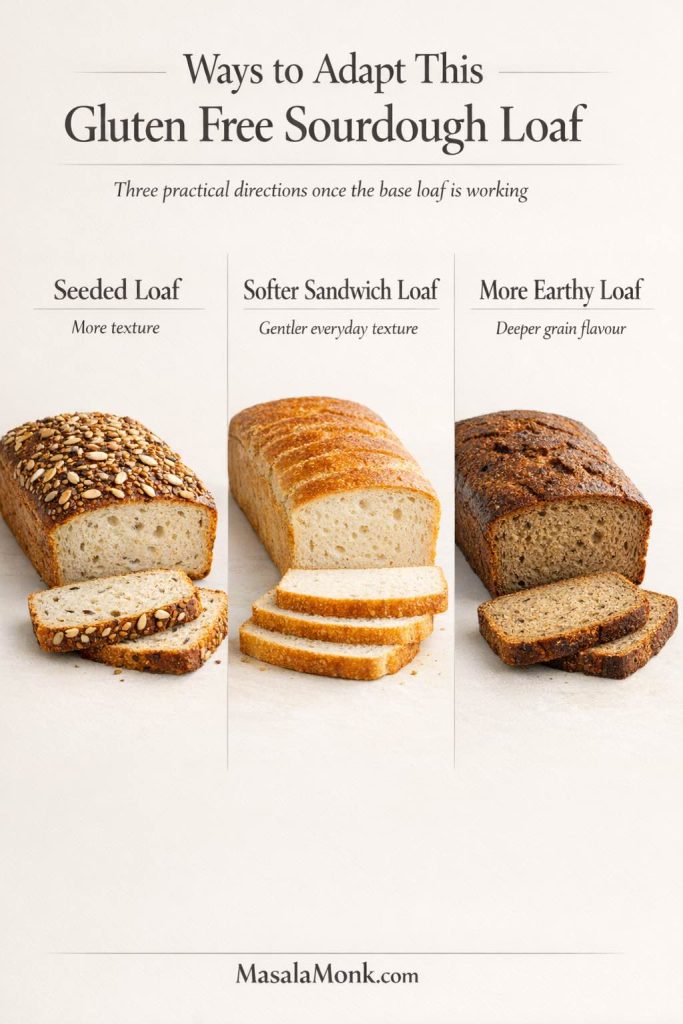 Variation guide for gluten free sourdough bread showing a seeded loaf, a softer sandwich loaf, and a more earthy loaf.