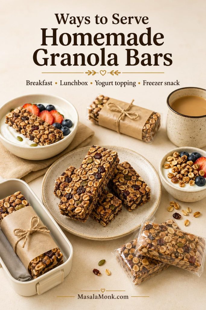 Serving ideas for homemade granola bars, including breakfast with yogurt and fruit, lunchbox packing, yogurt topping, and freezer snack use.