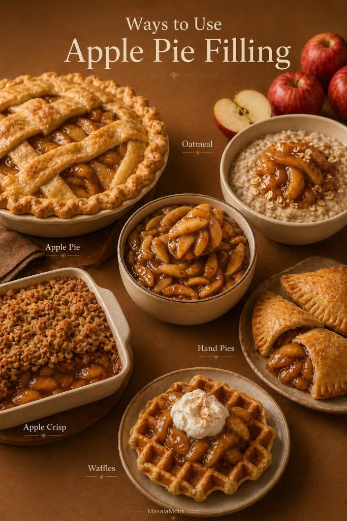 Ways to use apple pie filling in apple pie, apple crisp, hand pies, waffles, and oatmeal.