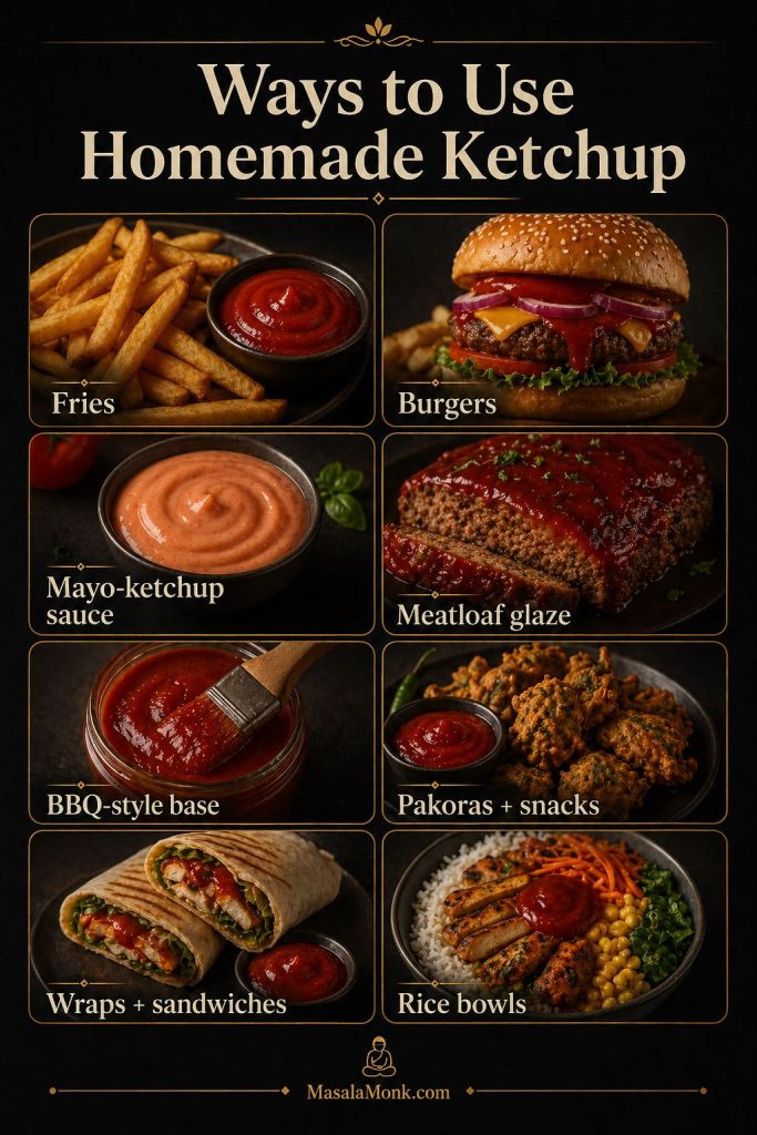 Guide showing ways to use homemade ketchup with fries, burgers, mayo-ketchup sauce, meatloaf glaze, barbecue sauce, pakoras, wraps, and rice bowls.
