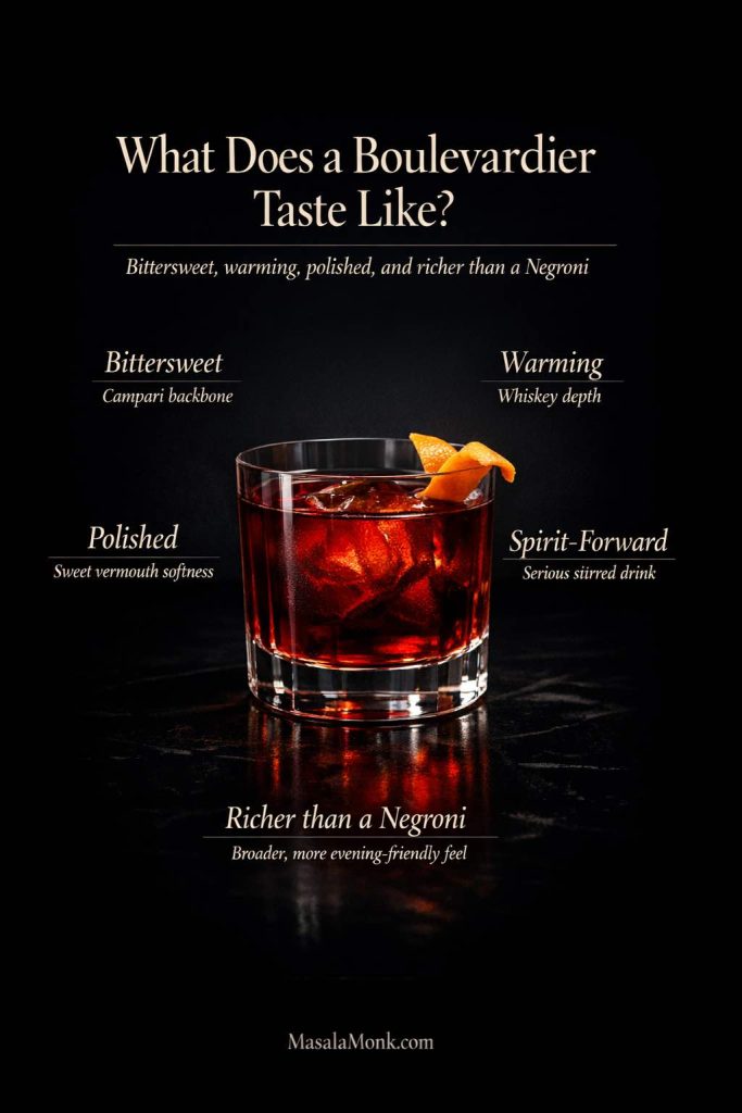 Boulevardier flavor guide describing the drink as bittersweet, warming, spirit-forward, and richer than a Negroni.