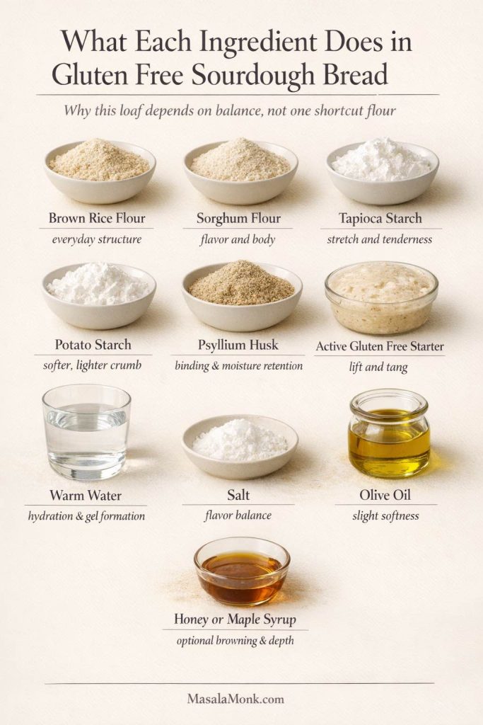 Ingredient roles card for gluten free sourdough bread showing how brown rice flour, sorghum flour, tapioca starch, potato starch, psyllium husk, starter, water, salt, olive oil, and optional honey or maple syrup support the loaf.