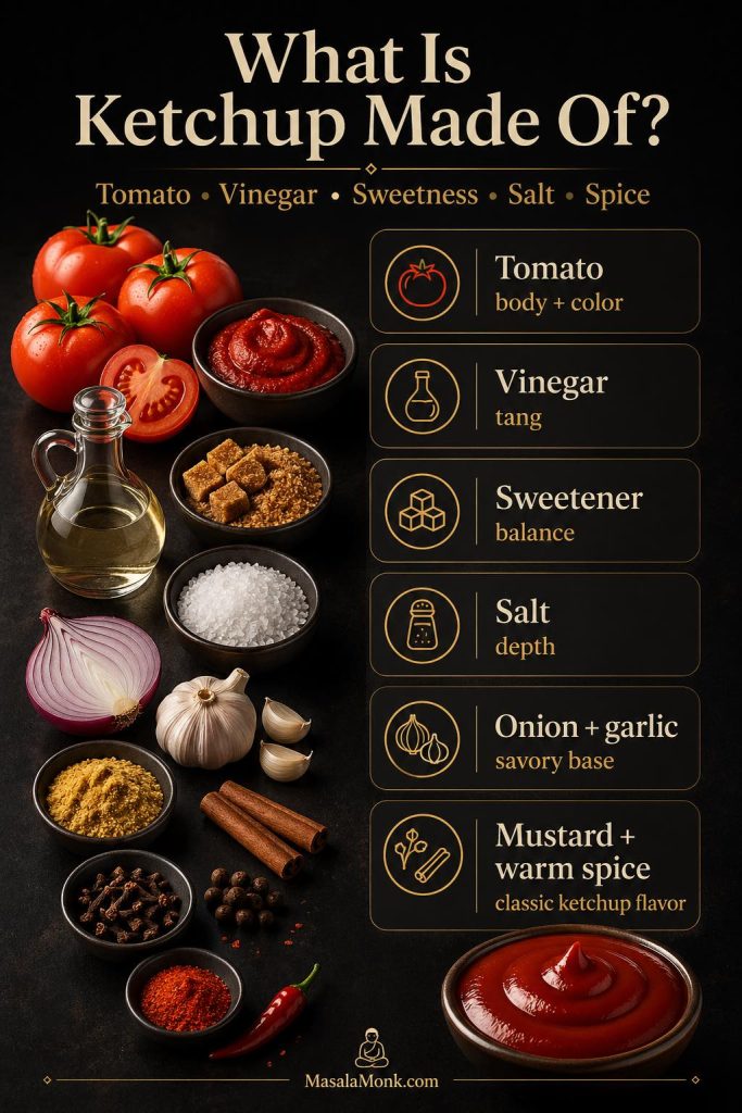 Ingredients for homemade ketchup including tomatoes, vinegar, sweetener, salt, onion, garlic, mustard powder, and warm spices.