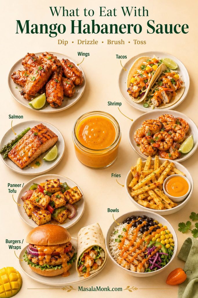 What to eat with mango habanero sauce, including wings, tacos, shrimp, salmon, fries, paneer or tofu, burgers, wraps, and bowls.