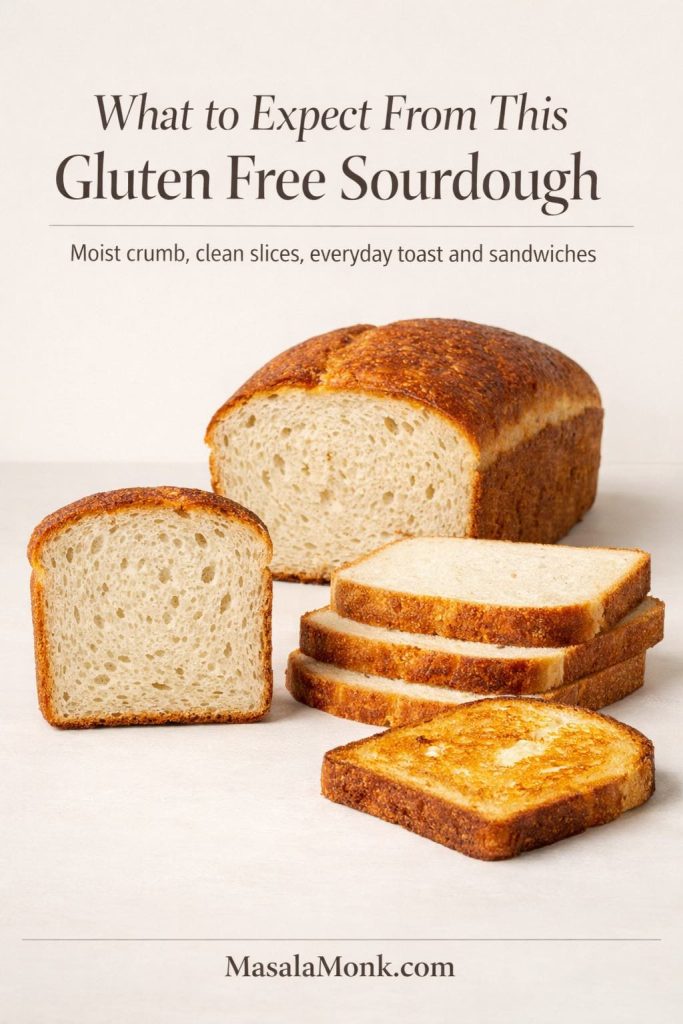 Finished gluten free sourdough loaf with a moist crumb, clean slices, and a toasted slice, showing the everyday texture and use this bread is meant to have.