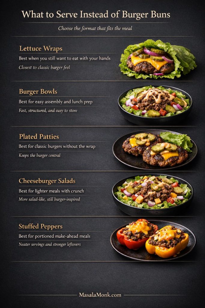 Guide showing lettuce wraps, burger bowls, plated patties, cheeseburger salads, and stuffed peppers as keto-friendly alternatives to burger buns.