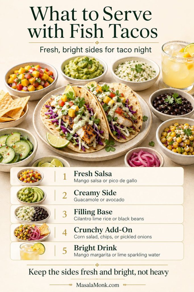 A what to serve with fish tacos guide showing fish tacos with mango salsa, guacamole, cilantro lime rice, black beans, corn salad, tortilla chips, pickled onions, cucumber salad, lime wedges, and a mango margarita.