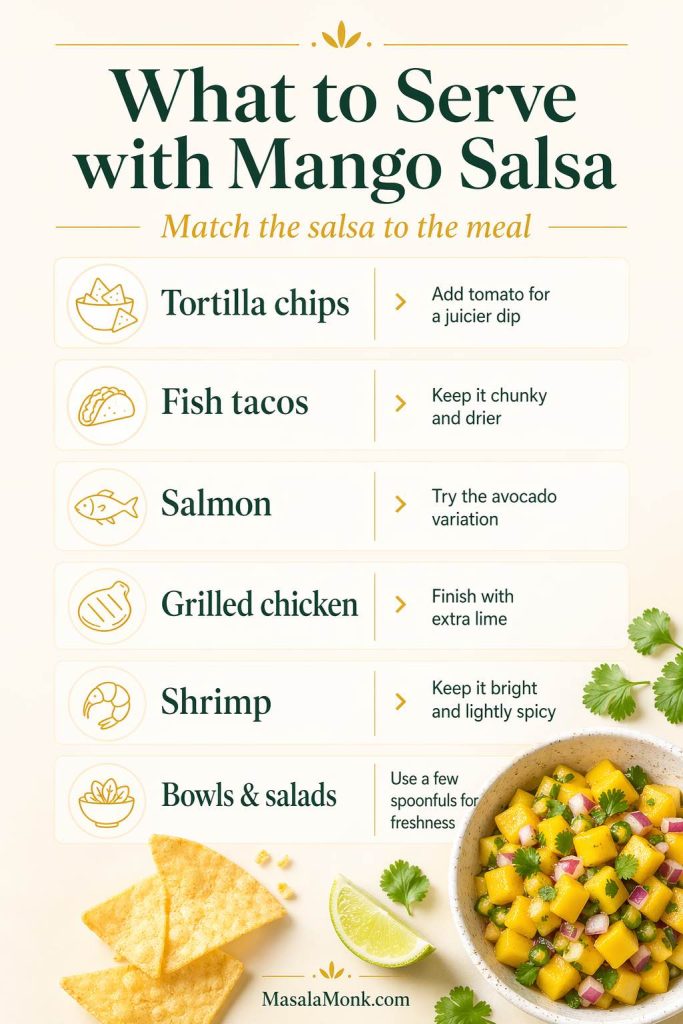 Guide to what to serve with mango salsa, including tortilla chips, fish tacos, salmon, grilled chicken, shrimp, bowls, and salads with serving tips.