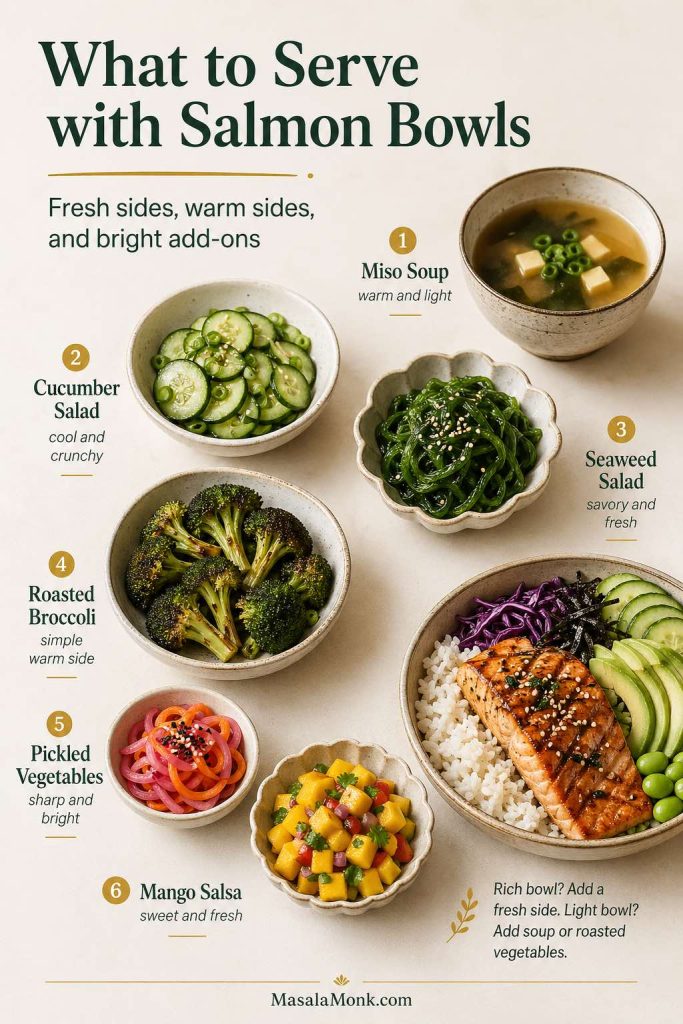 What to serve with salmon bowls guide showing miso soup, cucumber salad, seaweed salad, roasted broccoli, pickled vegetables, mango salsa, and a salmon rice bowl.