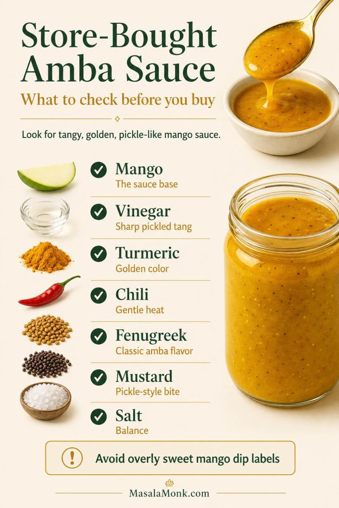 Checklist for buying store-bought amba sauce, showing mango, vinegar, turmeric, chili, fenugreek, mustard and salt.