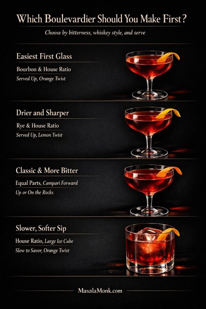 Decision guide for choosing a first Boulevardier by whiskey style, ratio, bitterness, and serve.