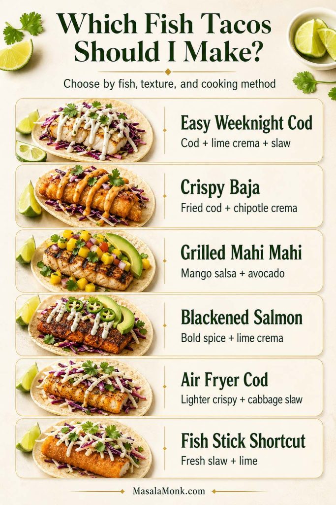 A vertical fish taco chooser guide with six options: easy weeknight cod tacos with lime crema, crispy Baja fish tacos, grilled mahi mahi tacos with mango salsa, blackened salmon tacos, air fryer cod tacos, and fish stick shortcut tacos.