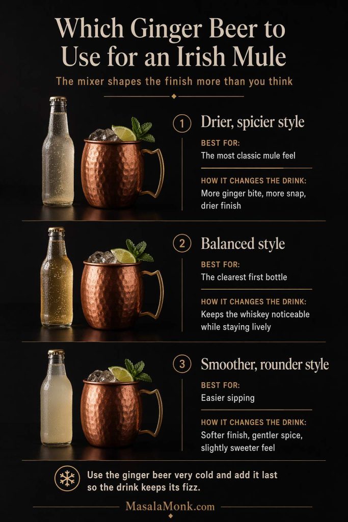 Guide showing three ginger beer styles for an Irish mule: drier and spicier for a classic mule feel, balanced for the clearest first bottle, and smoother and rounder for easier sipping.