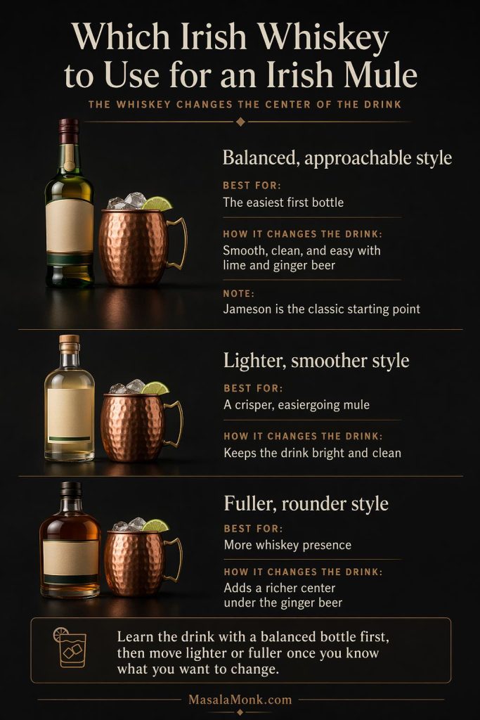 Guide showing three Irish whiskey styles for an Irish mule: a balanced approachable style for the easiest first bottle, a lighter smoother style for a crisper mule, and a fuller rounder style for more whiskey presence..