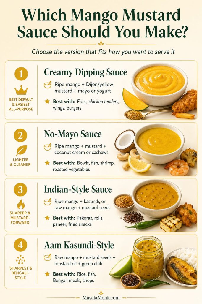 Decision guide comparing creamy mango mustard sauce, no-mayo mango mustard sauce, Indian-style mango mustard sauce, and aam kasundi-style sauce with serving ideas.