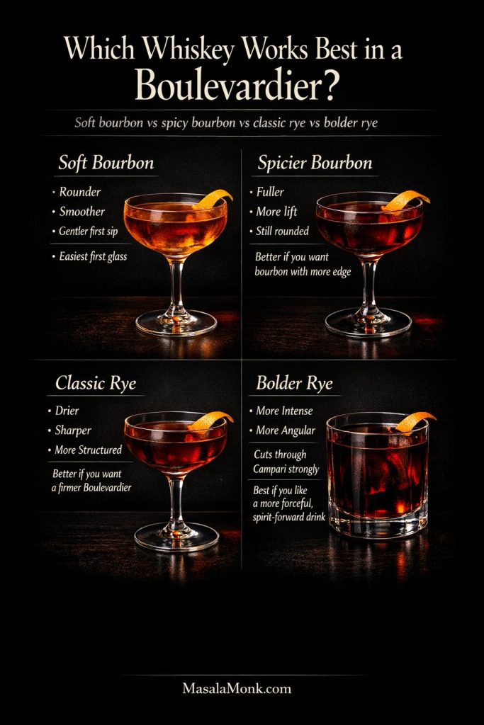 Whiskey style guide for a Boulevardier comparing soft bourbon, spicier bourbon, classic rye, and bolder rye.