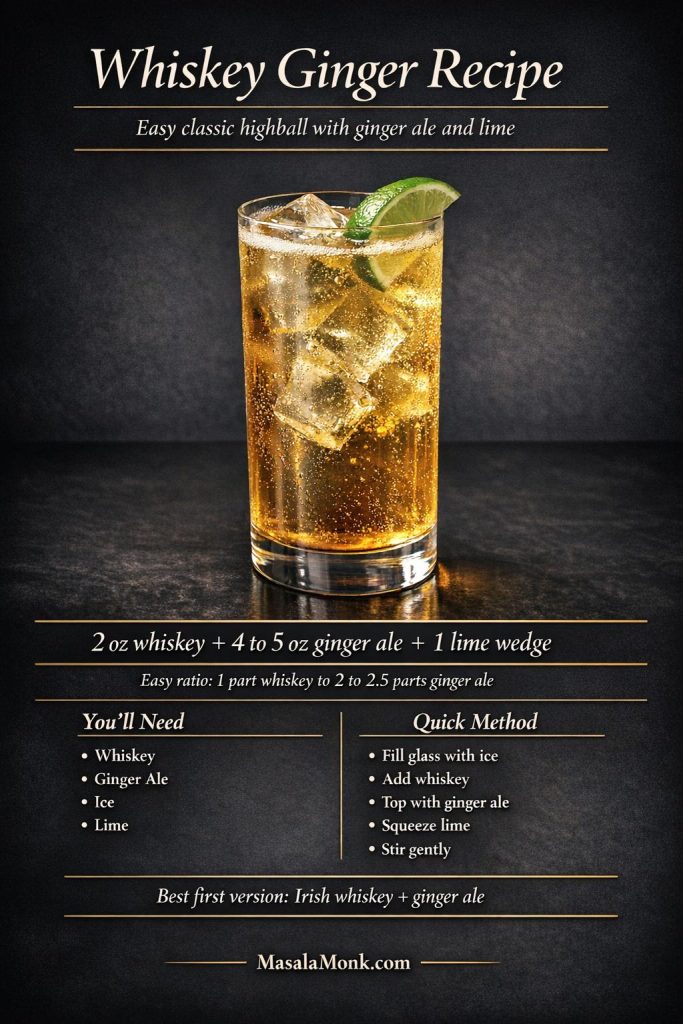 Whiskey ginger recipe card showing the classic formula, easy ratio, ingredients, and quick method for making a whiskey ginger with ginger ale and lime.