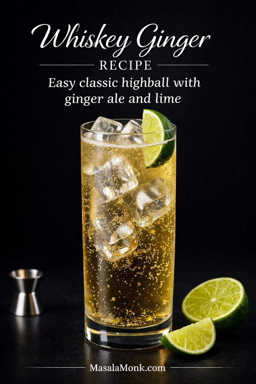 Whiskey ginger recipe featured image showing a tall highball with ice, ginger ale bubbles, and lime on a dark editorial background.