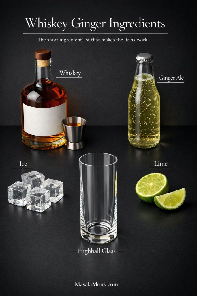 Labeled whiskey ginger ingredients guide showing whiskey, ginger ale, lime, ice, and a highball glass on a dark editorial background.