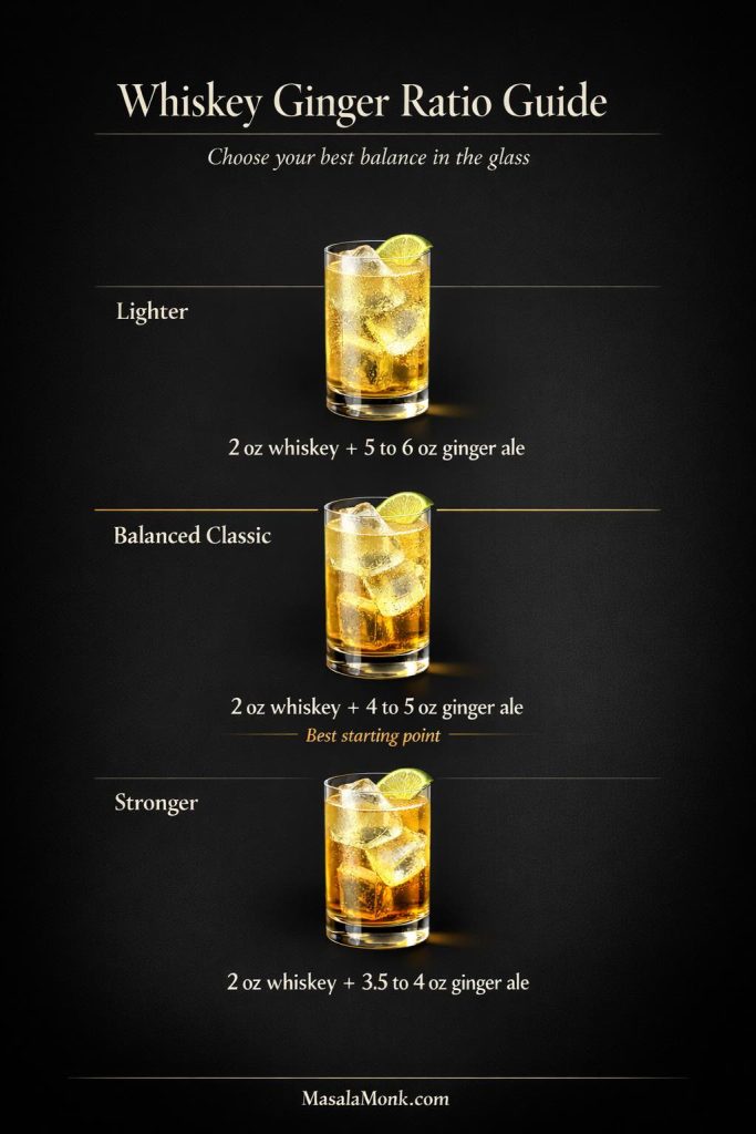 Whiskey ginger recipe ratio guide showing lighter, balanced classic, and stronger versions with whiskey and ginger ale measurements.