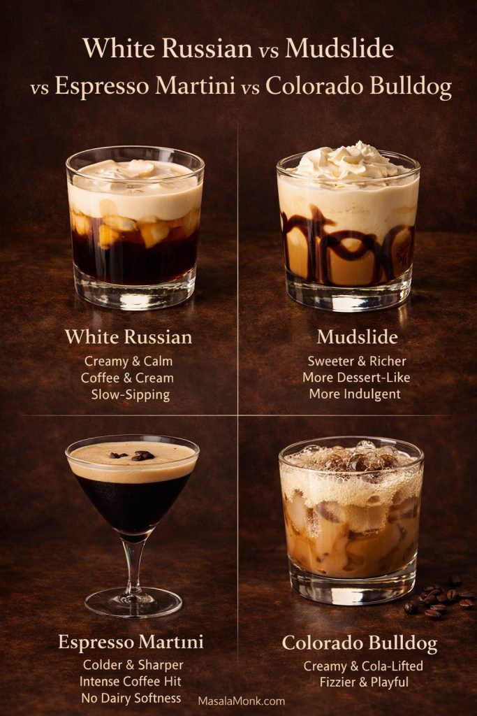 Cocktail comparison guide showing a White Russian, Mudslide, Espresso Martini, and Colorado Bulldog side by side, highlighting differences in texture, sweetness, dairy, coffee intensity, and overall drinking style between these four coffee-adjacent cocktails.