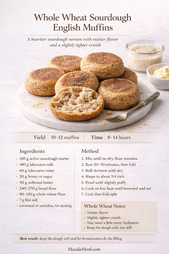Standalone recipe card for whole wheat sourdough English muffins showing heartier skillet-cooked muffins with a split crumb, ingredient list, method, yield, time, and whole wheat notes about texture and hydration.