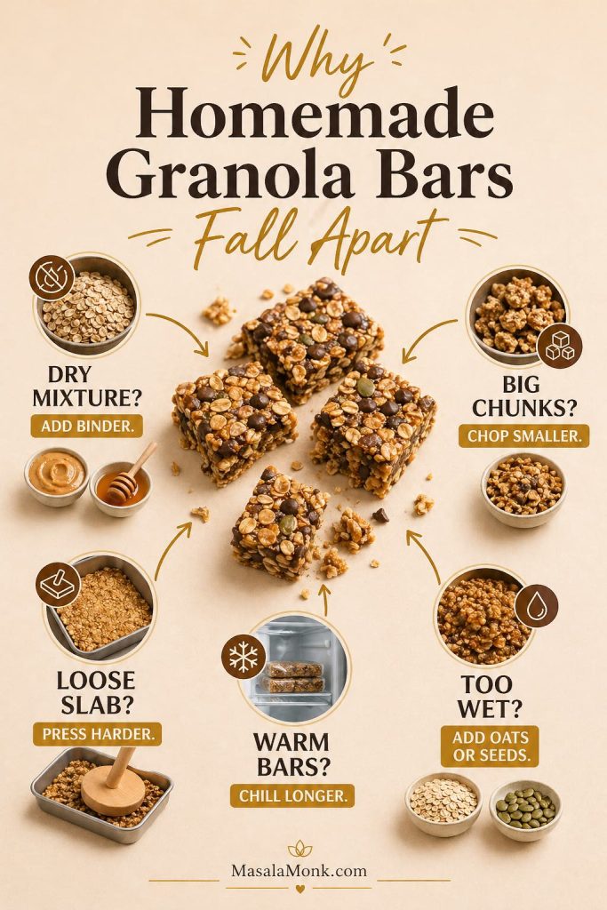 Troubleshooting guide showing why homemade granola bars fall apart, including dry mixture, big chunks, loose slab, warm bars, and wet mixture fixes.