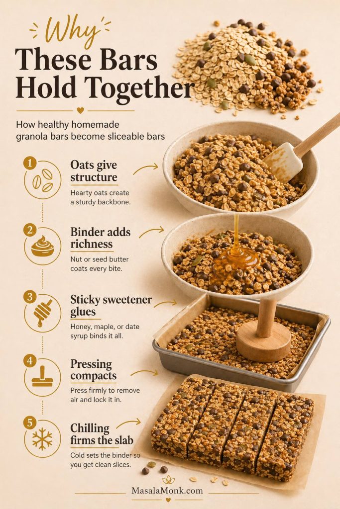 Guide showing how oats, binder, sticky sweetener, pressing, and chilling help homemade granola bars hold together and slice cleanly.