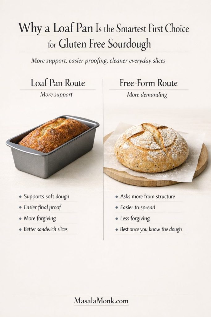 Comparison guide showing loaf pan route versus free-form route for gluten free sourdough bread, with the loaf pan framed as more supportive and forgiving for beginners.