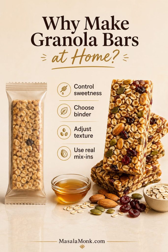 Guide image explaining why to make granola bars at home, highlighting control over sweetness, binder choice, texture adjustment, and real mix-ins.