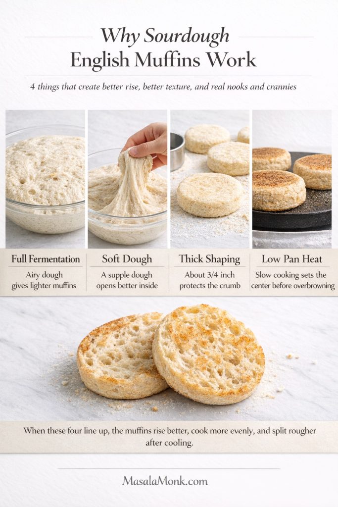 Explainer guide showing why sourdough English muffins work, with four key factors: full fermentation, soft dough, thick shaping, and low pan heat, plus a split muffin showing the open interior these choices create.